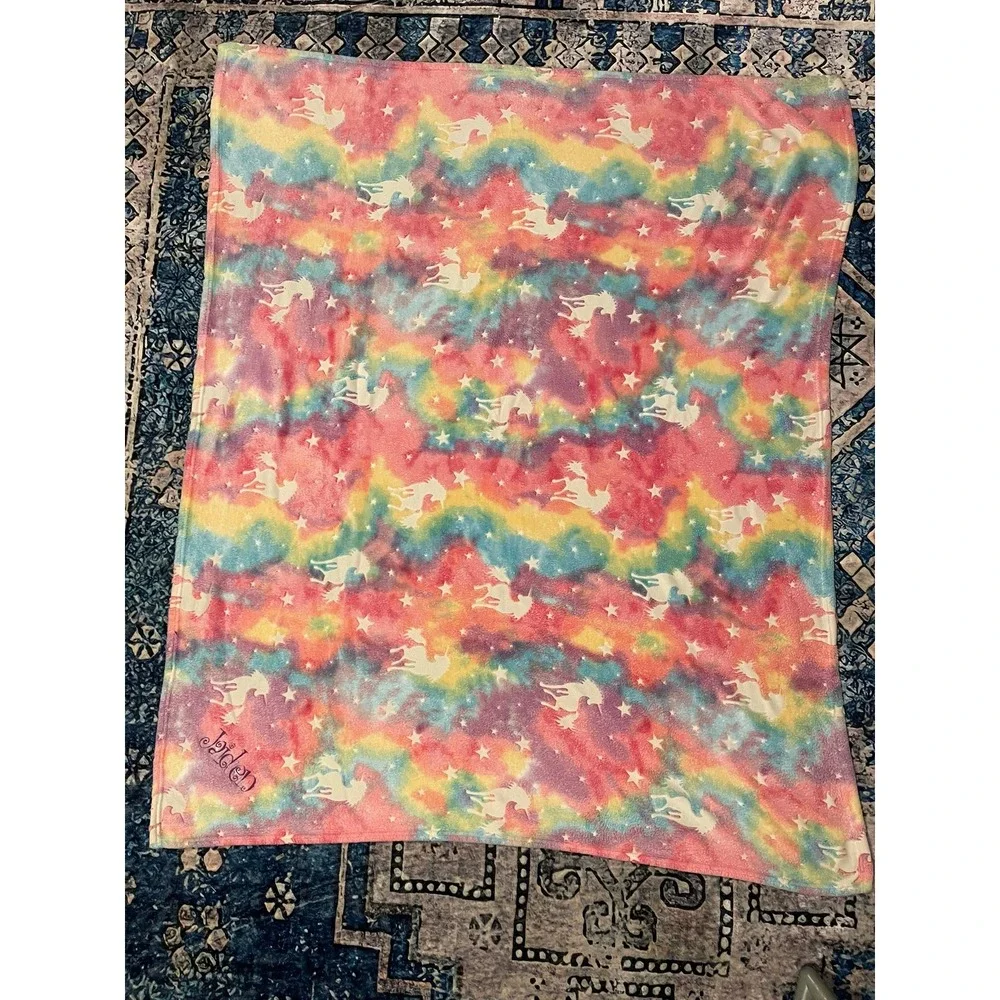 Unicorn Glow in the Dark Rainbow Tie Dye Plush Throw Blanket Jaiden Personalized